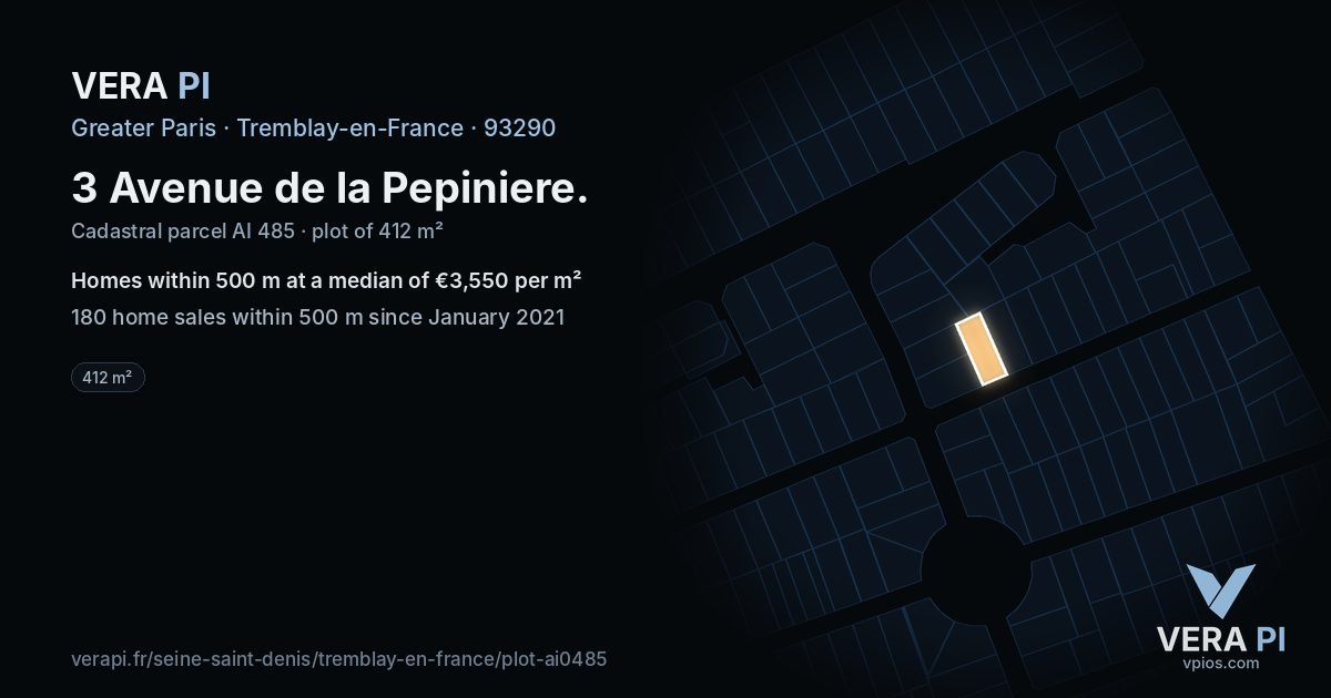 3 Avenue de la Pepiniere, Tremblay-en-France at night – the plot lit, the parcels around coloured by the prices near them