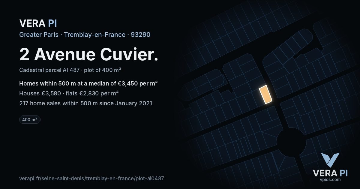 2 Avenue Cuvier, Tremblay-en-France at night – the plot lit, the parcels around coloured by the prices near them