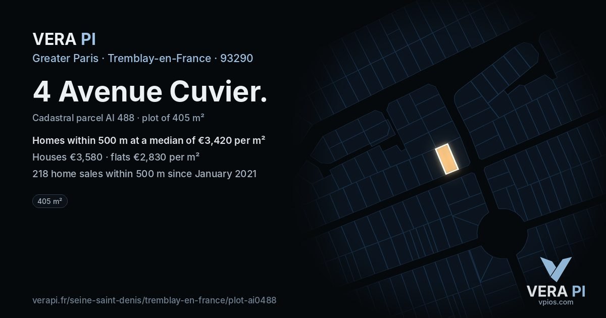 4 Avenue Cuvier, Tremblay-en-France at night – the plot lit, the parcels around coloured by the prices near them