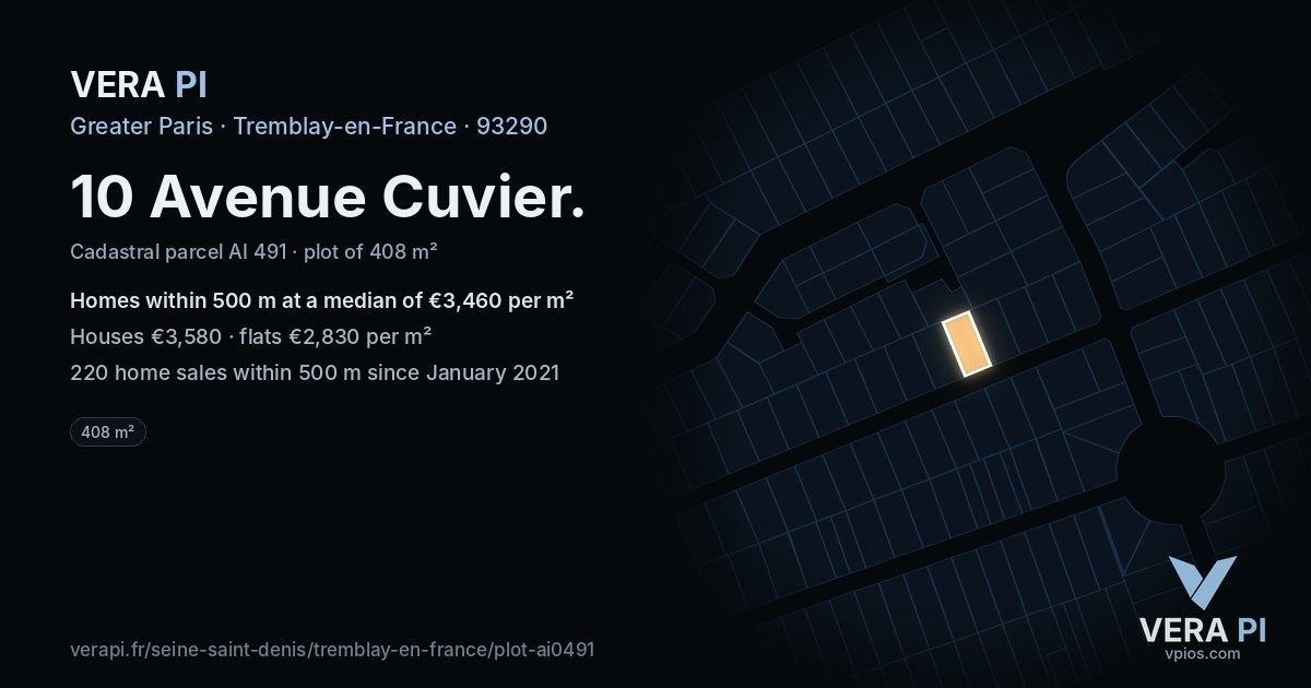 10 Avenue Cuvier, Tremblay-en-France at night – the plot lit, the parcels around coloured by the prices near them