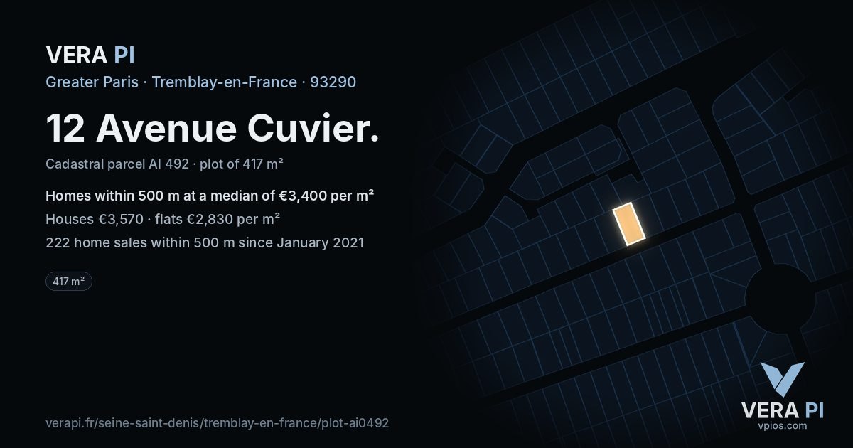 12 Avenue Cuvier, Tremblay-en-France at night – the plot lit, the parcels around coloured by the prices near them