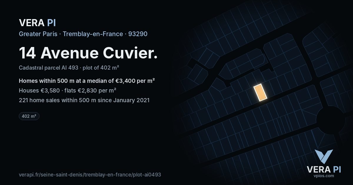 14 Avenue Cuvier, Tremblay-en-France at night – the plot lit, the parcels around coloured by the prices near them