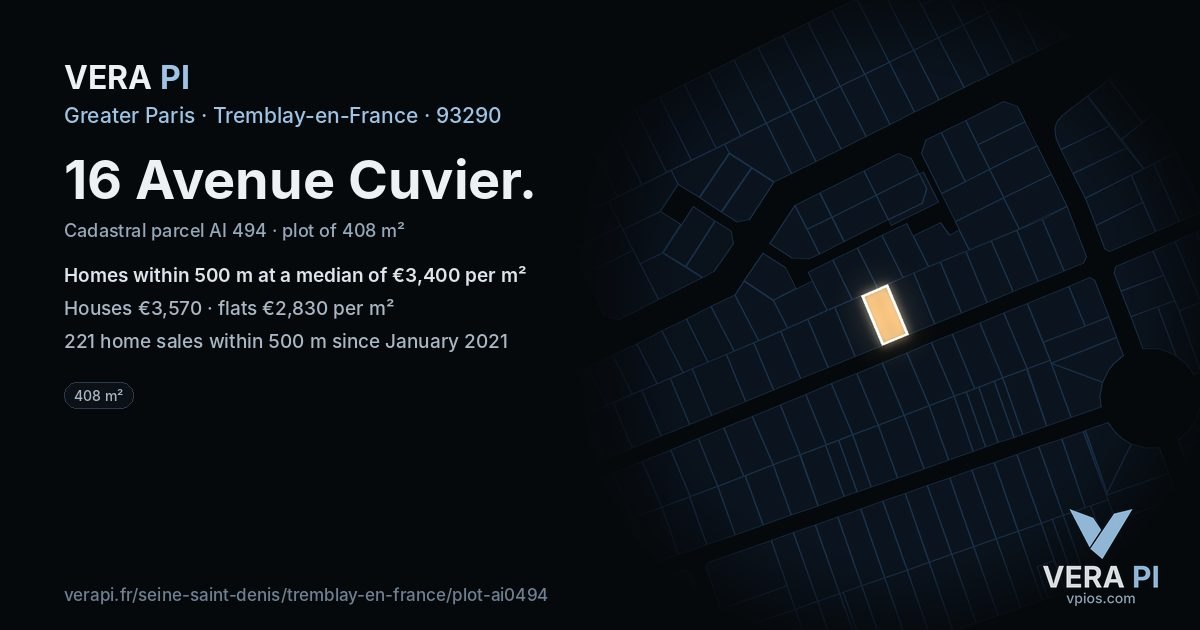 16 Avenue Cuvier, Tremblay-en-France at night – the plot lit, the parcels around coloured by the prices near them
