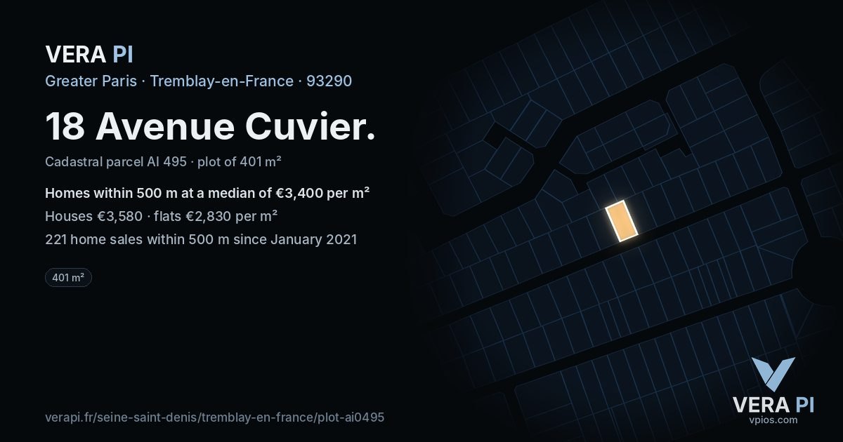 18 Avenue Cuvier, Tremblay-en-France at night – the plot lit, the parcels around coloured by the prices near them