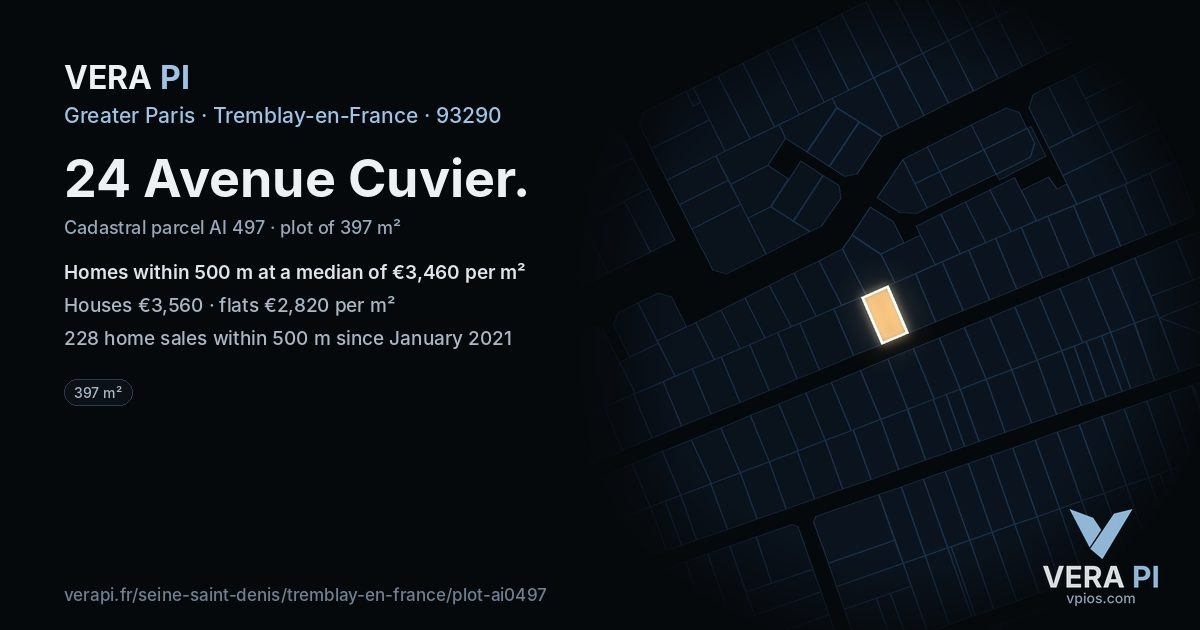 24 Avenue Cuvier, Tremblay-en-France at night – the plot lit, the parcels around coloured by the prices near them