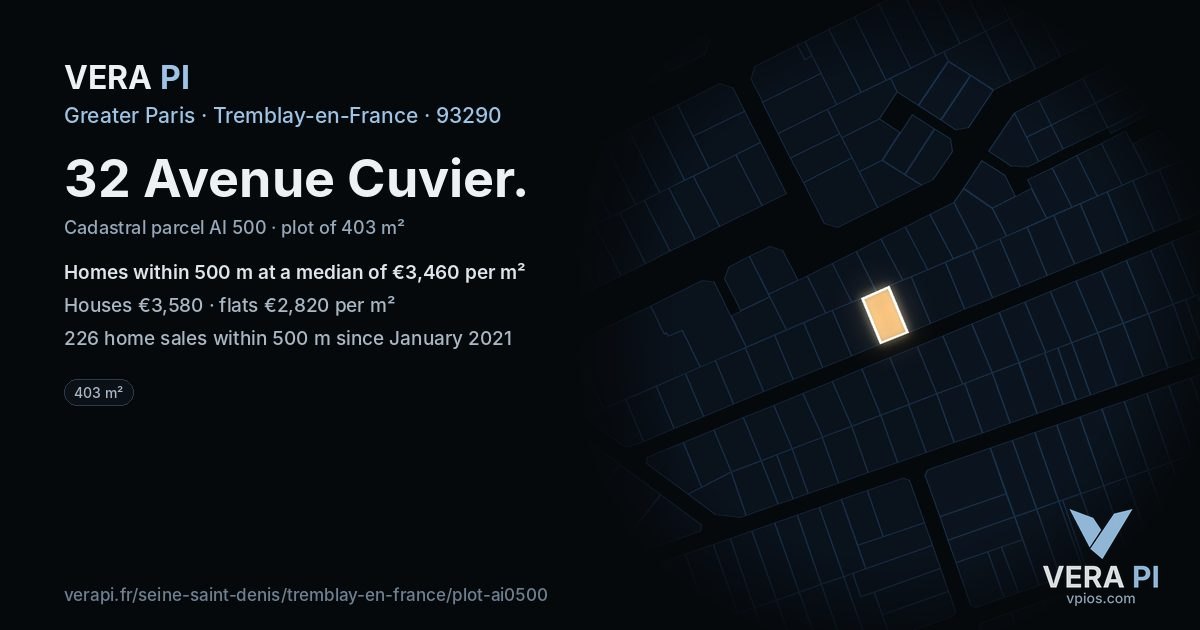 32 Avenue Cuvier, Tremblay-en-France at night – the plot lit, the parcels around coloured by the prices near them