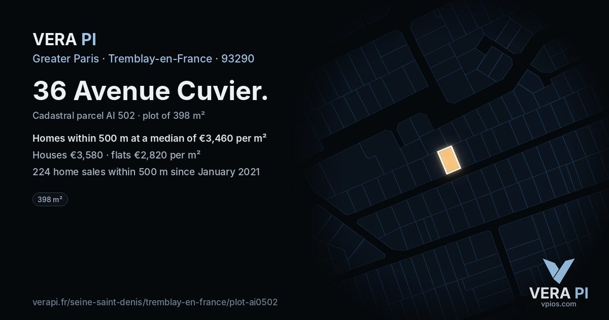 36 Avenue Cuvier, Tremblay-en-France at night – the plot lit, the parcels around coloured by the prices near them