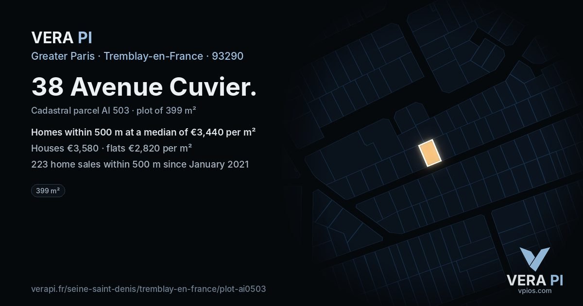 38 Avenue Cuvier, Tremblay-en-France at night – the plot lit, the parcels around coloured by the prices near them