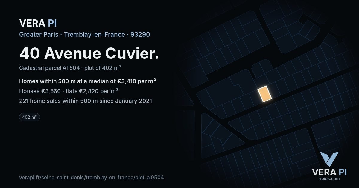 40 Avenue Cuvier, Tremblay-en-France at night – the plot lit, the parcels around coloured by the prices near them