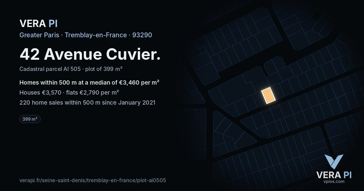 42 Avenue Cuvier, Tremblay-en-France at night – the plot lit, the parcels around coloured by the prices near them