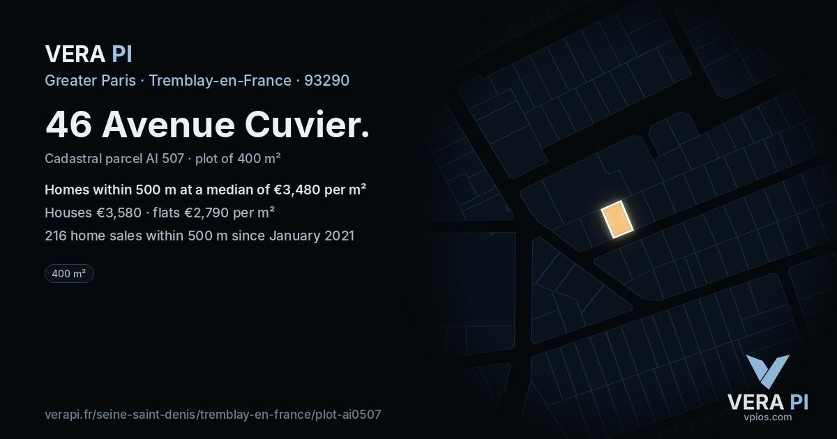 46 Avenue Cuvier, Tremblay-en-France at night – the plot lit, the parcels around coloured by the prices near them
