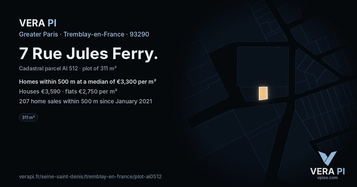 7 Rue Jules Ferry, Tremblay-en-France at night – the plot lit, the parcels around coloured by the prices near them