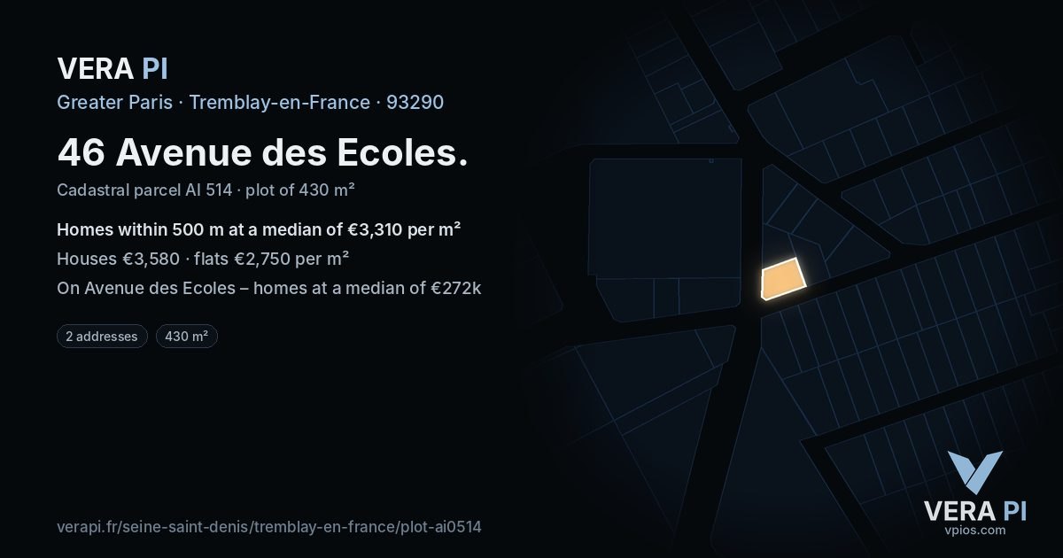 46 Avenue des Ecoles, Tremblay-en-France at night – the plot lit, the parcels around coloured by the prices near them