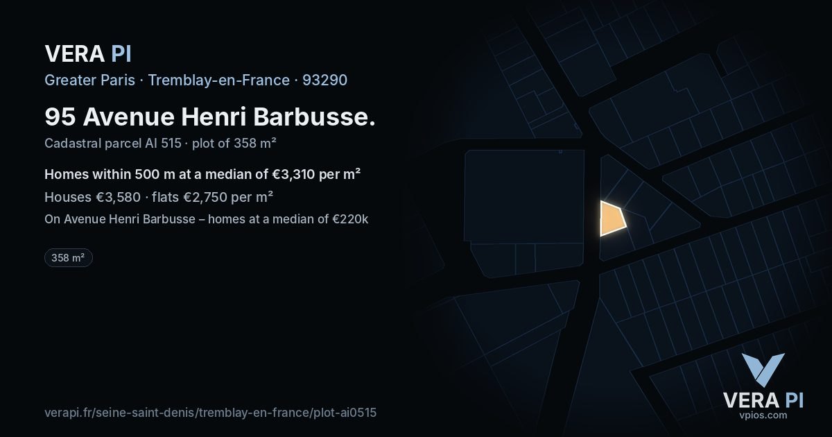95 Avenue Henri Barbusse, Tremblay-en-France at night – the plot lit, the parcels around coloured by the prices near them