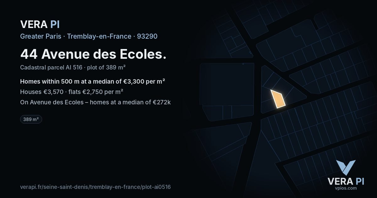 44 Avenue des Ecoles, Tremblay-en-France at night – the plot lit, the parcels around coloured by the prices near them