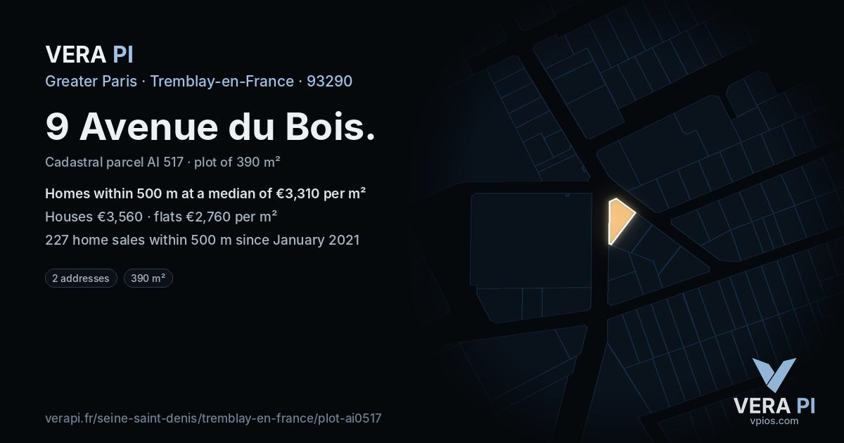 9 Avenue du Bois, Tremblay-en-France at night – the plot lit, the parcels around coloured by the prices near them