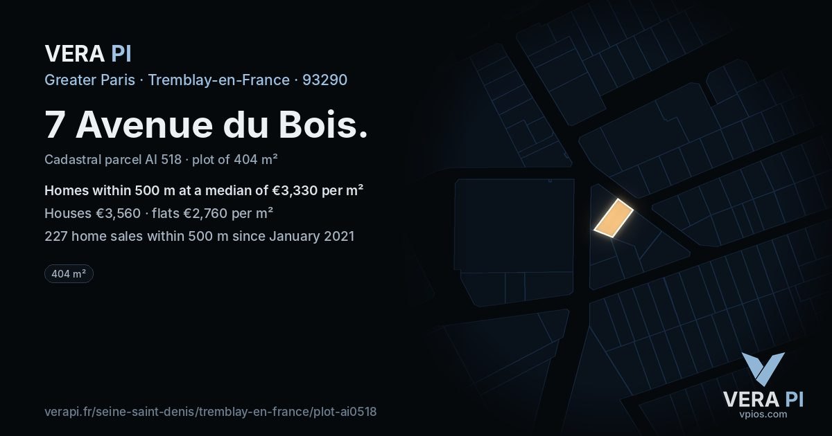 7 Avenue du Bois, Tremblay-en-France at night – the plot lit, the parcels around coloured by the prices near them