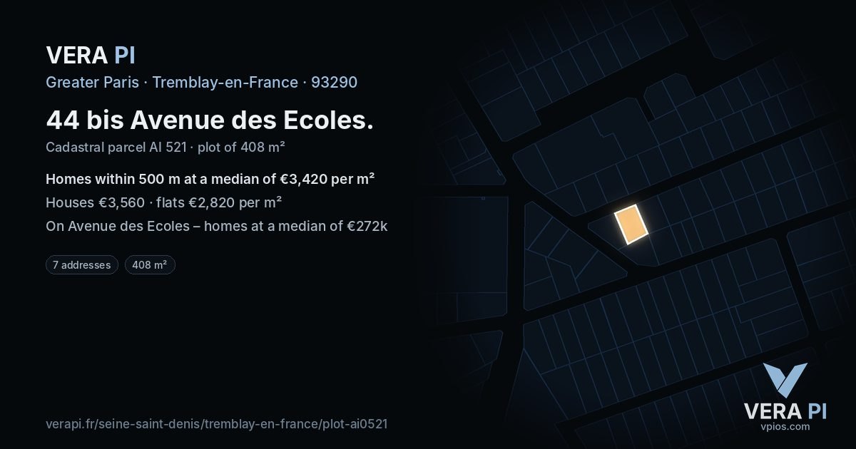 44 bis Avenue des Ecoles, Tremblay-en-France at night – the plot lit, the parcels around coloured by the prices near them