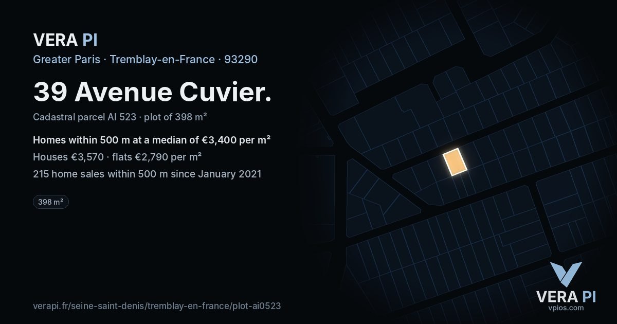 39 Avenue Cuvier, Tremblay-en-France at night – the plot lit, the parcels around coloured by the prices near them