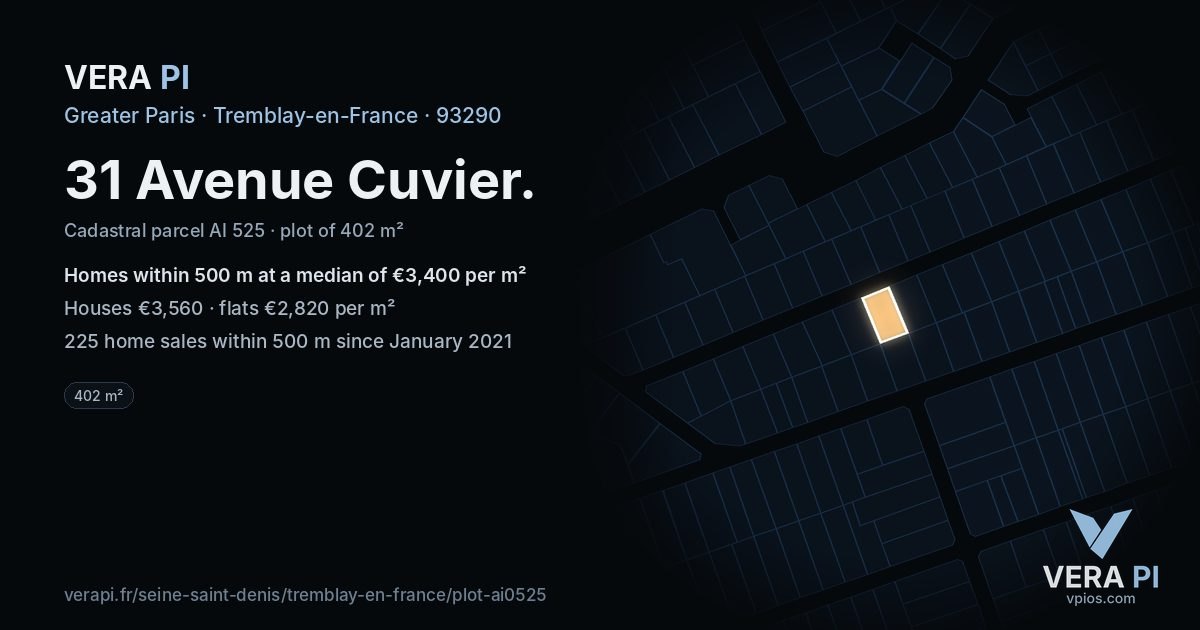 31 Avenue Cuvier, Tremblay-en-France at night – the plot lit, the parcels around coloured by the prices near them
