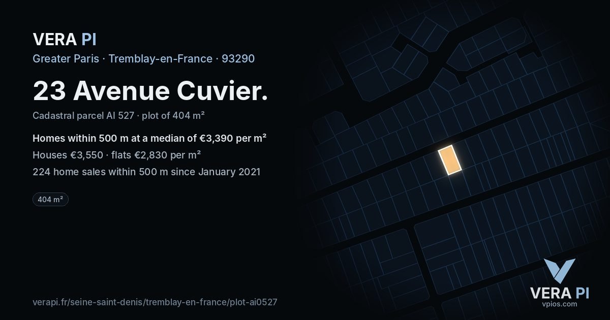 23 Avenue Cuvier, Tremblay-en-France at night – the plot lit, the parcels around coloured by the prices near them