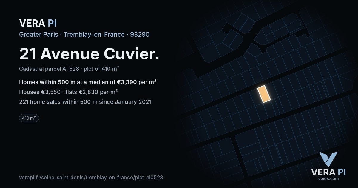 21 Avenue Cuvier, Tremblay-en-France at night – the plot lit, the parcels around coloured by the prices near them
