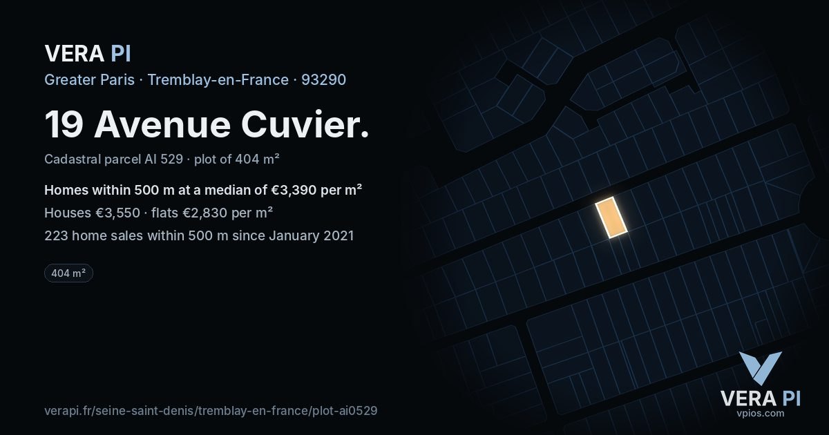 19 Avenue Cuvier, Tremblay-en-France at night – the plot lit, the parcels around coloured by the prices near them