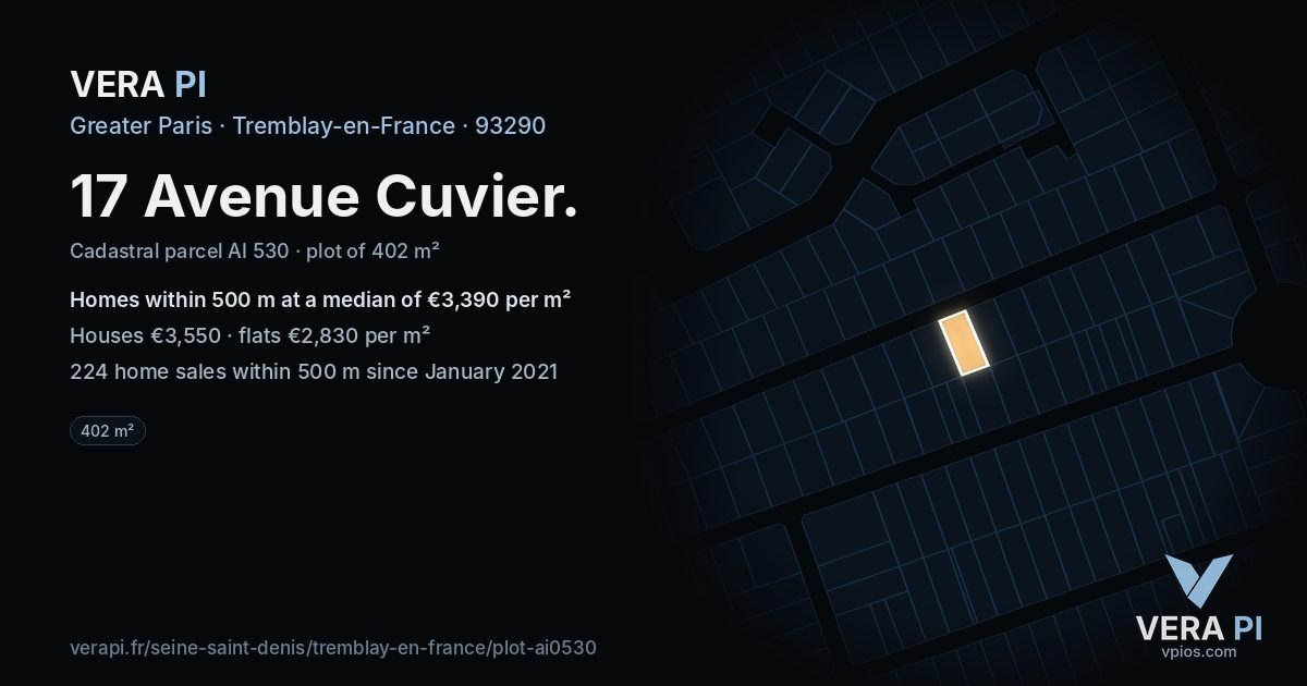 17 Avenue Cuvier, Tremblay-en-France at night – the plot lit, the parcels around coloured by the prices near them