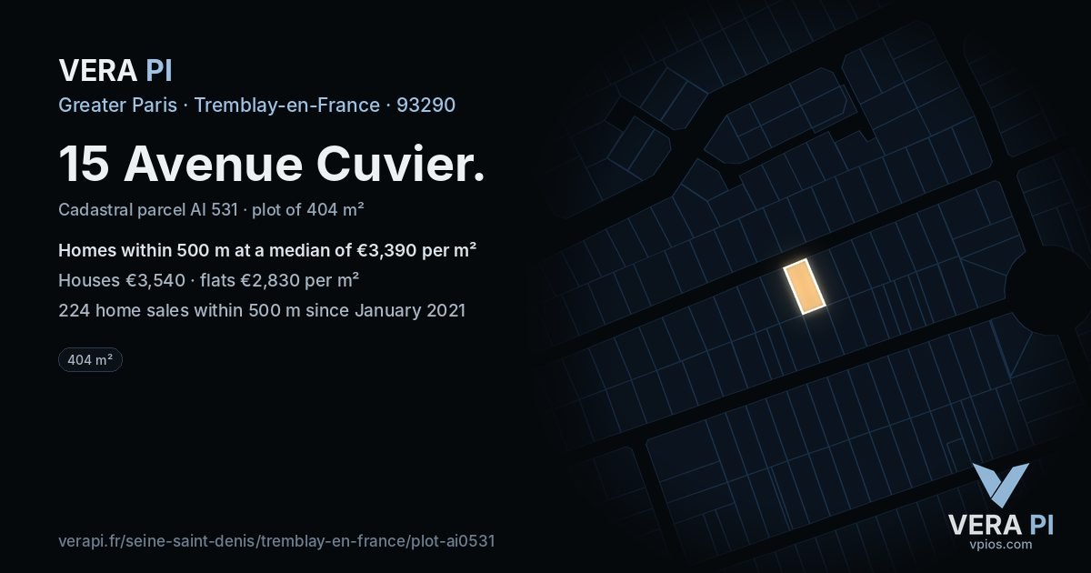 15 Avenue Cuvier, Tremblay-en-France at night – the plot lit, the parcels around coloured by the prices near them