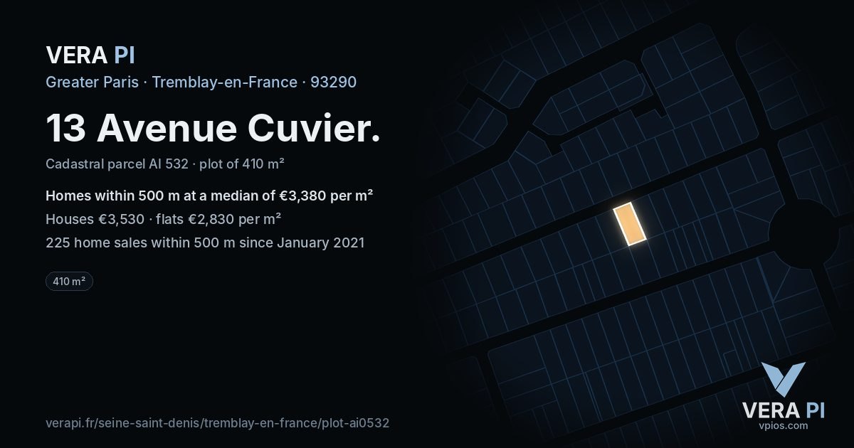 13 Avenue Cuvier, Tremblay-en-France at night – the plot lit, the parcels around coloured by the prices near them