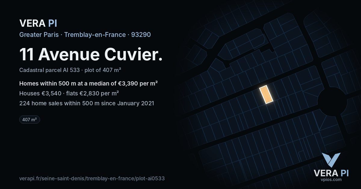 11 Avenue Cuvier, Tremblay-en-France at night – the plot lit, the parcels around coloured by the prices near them