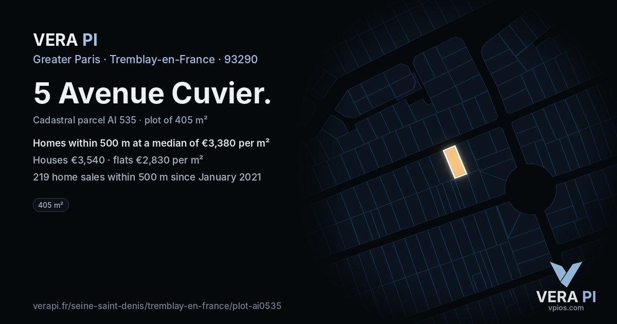 5 Avenue Cuvier, Tremblay-en-France at night – the plot lit, the parcels around coloured by the prices near them