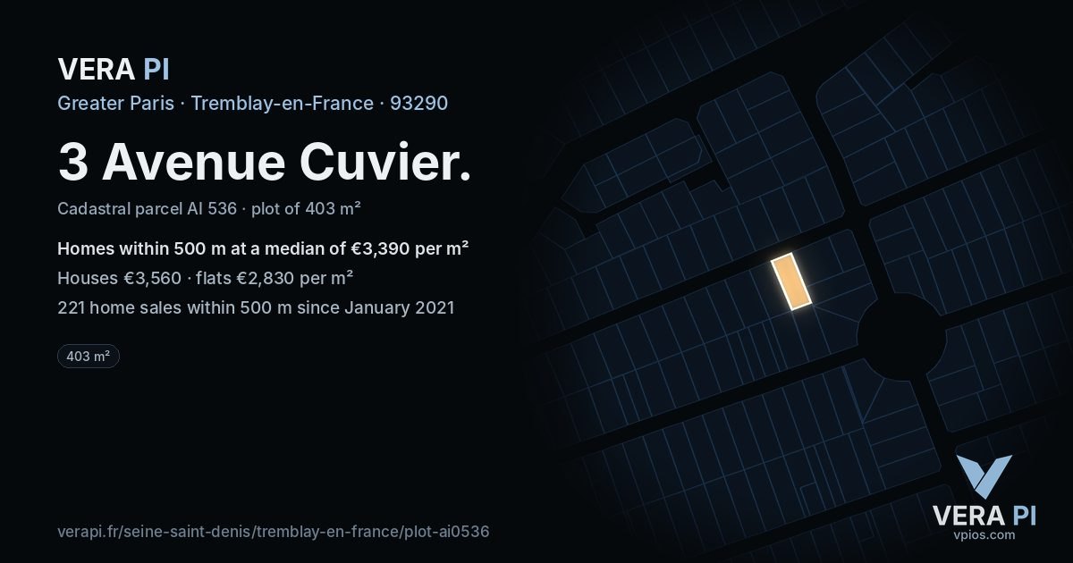 3 Avenue Cuvier, Tremblay-en-France at night – the plot lit, the parcels around coloured by the prices near them