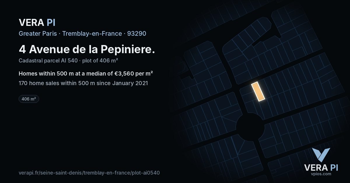 4 Avenue de la Pepiniere, Tremblay-en-France at night – the plot lit, the parcels around coloured by the prices near them
