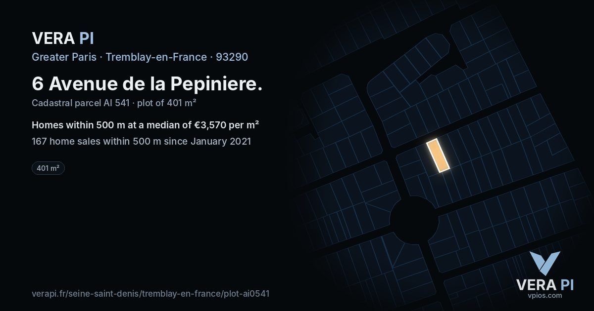 6 Avenue de la Pepiniere, Tremblay-en-France at night – the plot lit, the parcels around coloured by the prices near them