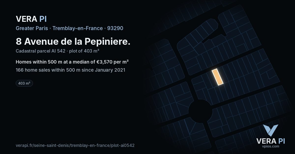 8 Avenue de la Pepiniere, Tremblay-en-France at night – the plot lit, the parcels around coloured by the prices near them