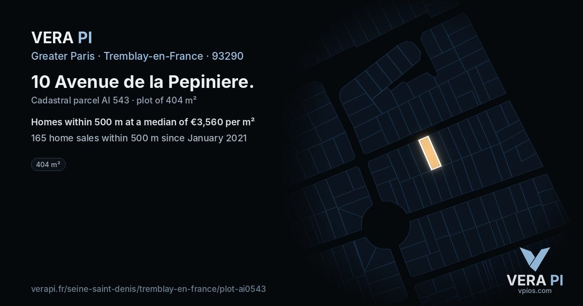 10 Avenue de la Pepiniere, Tremblay-en-France at night – the plot lit, the parcels around coloured by the prices near them