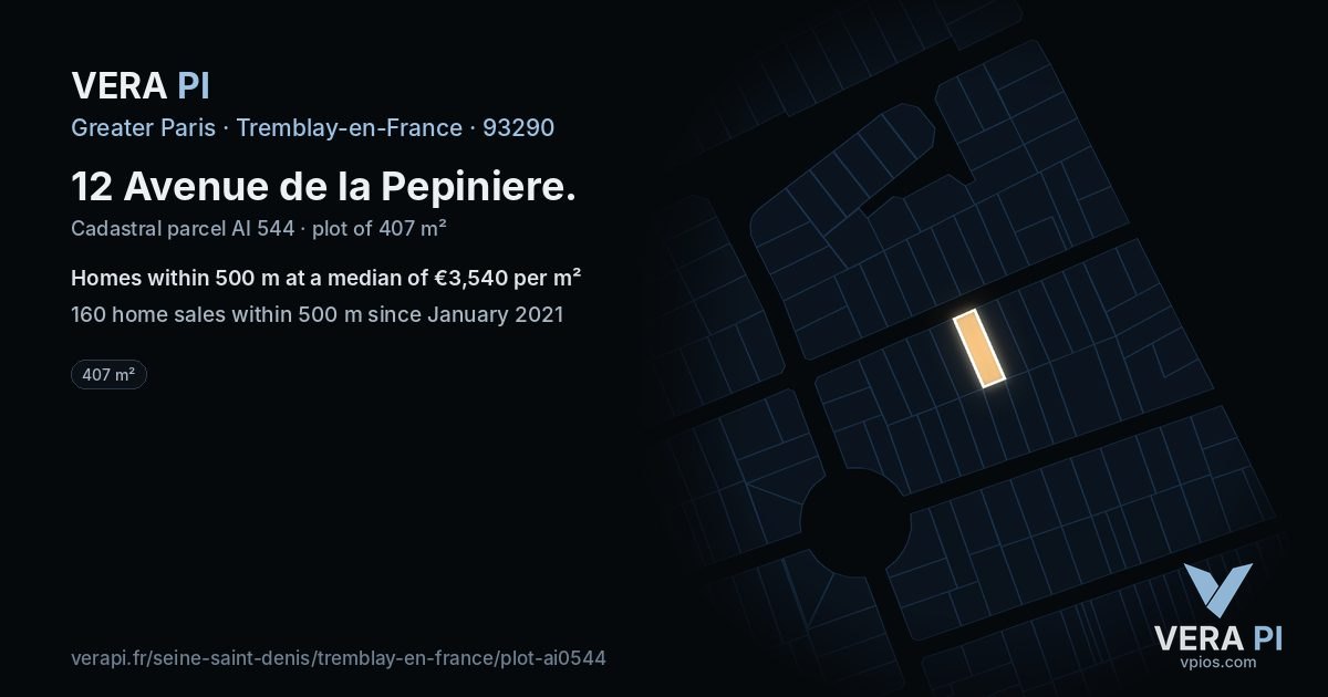 12 Avenue de la Pepiniere, Tremblay-en-France at night – the plot lit, the parcels around coloured by the prices near them
