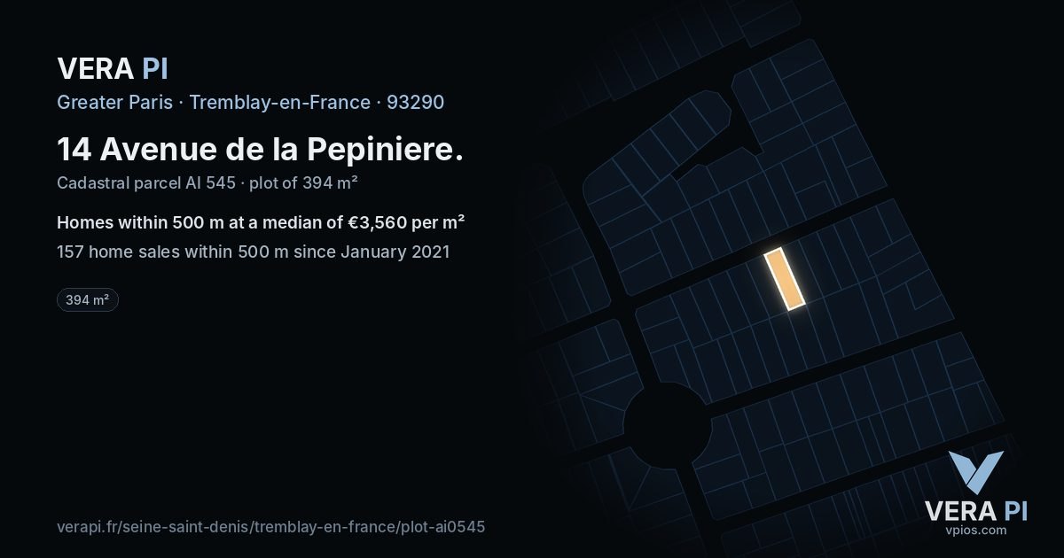 14 Avenue de la Pepiniere, Tremblay-en-France at night – the plot lit, the parcels around coloured by the prices near them