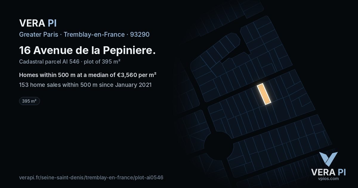 16 Avenue de la Pepiniere, Tremblay-en-France at night – the plot lit, the parcels around coloured by the prices near them