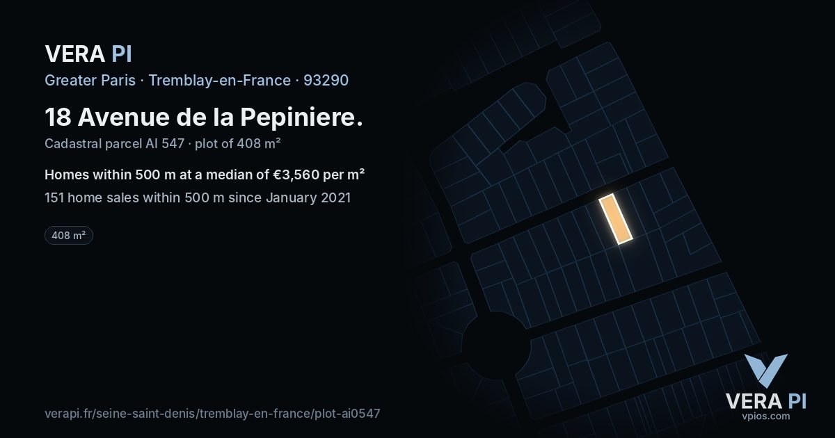 18 Avenue de la Pepiniere, Tremblay-en-France at night – the plot lit, the parcels around coloured by the prices near them