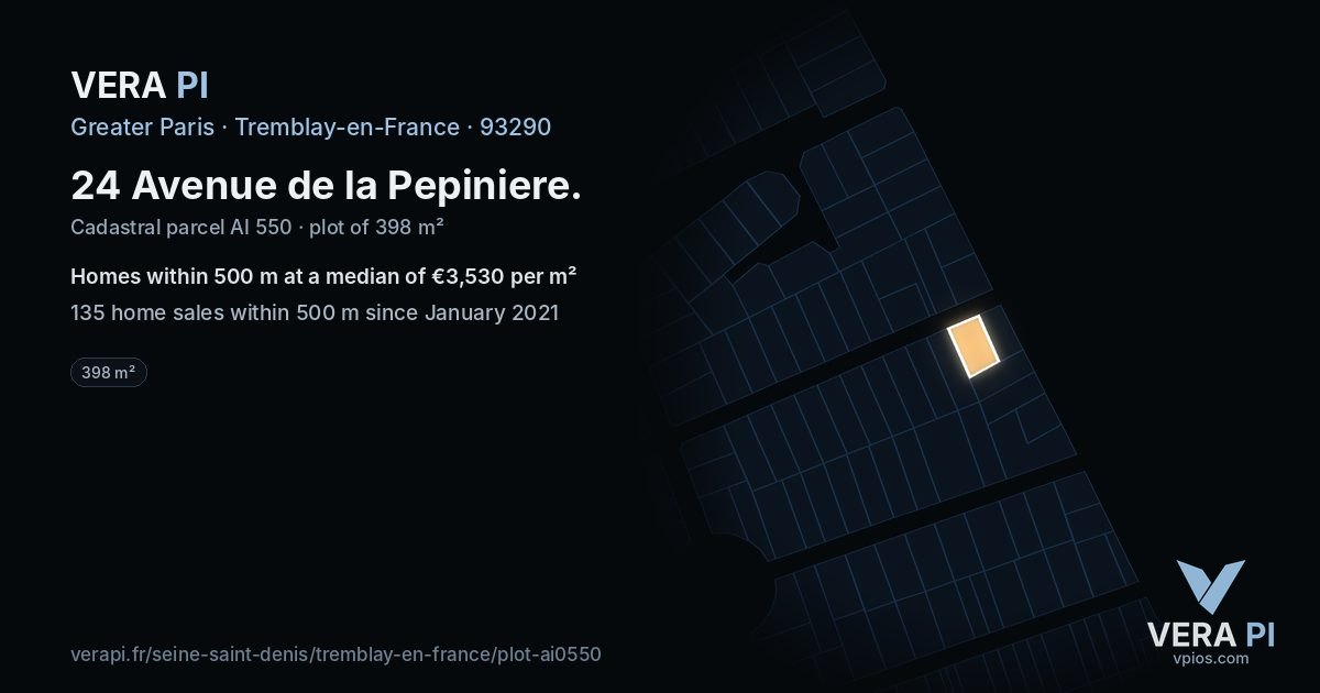 24 Avenue de la Pepiniere, Tremblay-en-France at night – the plot lit, the parcels around coloured by the prices near them