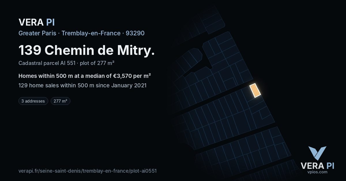 139 Chemin de Mitry, Tremblay-en-France at night – the plot lit, the parcels around coloured by the prices near them