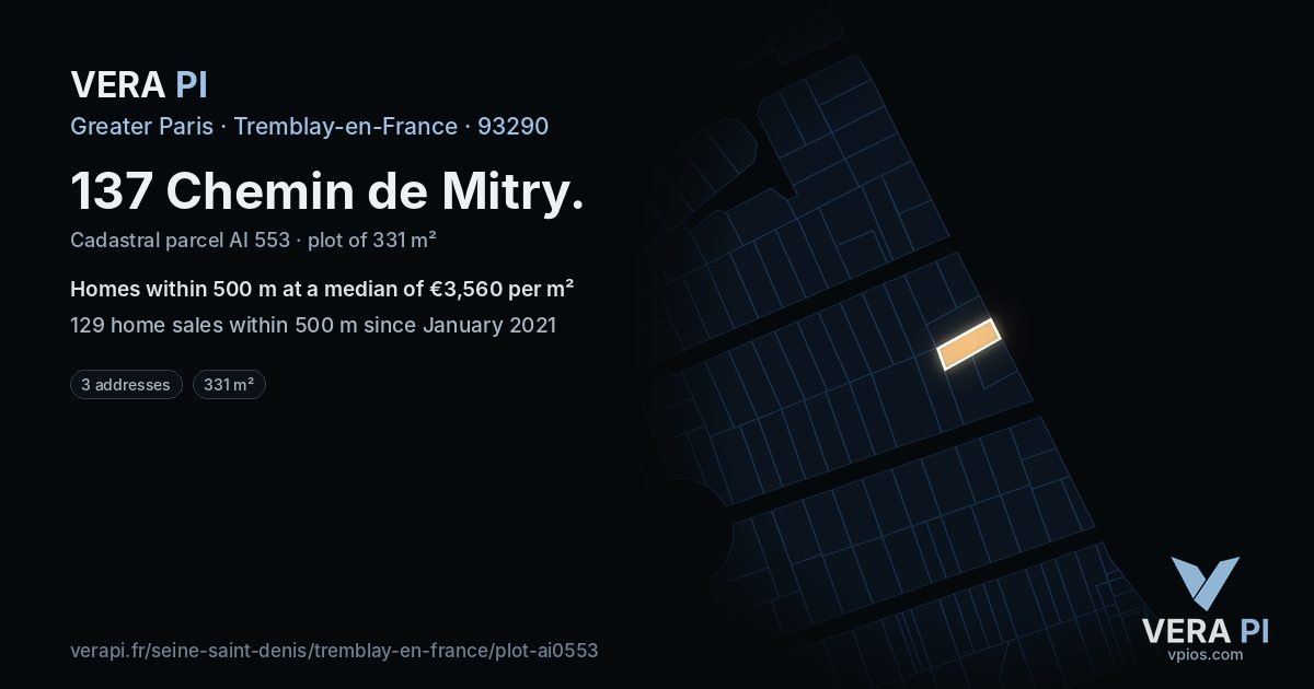 137 Chemin de Mitry, Tremblay-en-France at night – the plot lit, the parcels around coloured by the prices near them