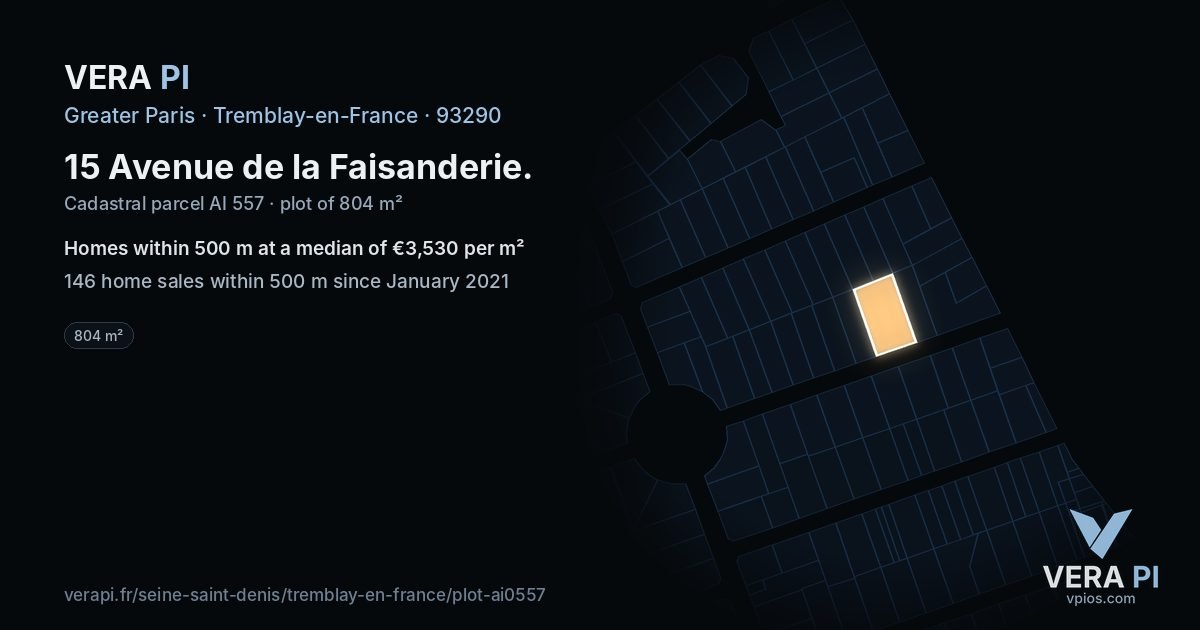 15 Avenue de la Faisanderie, Tremblay-en-France at night – the plot lit, the parcels around coloured by the prices near them