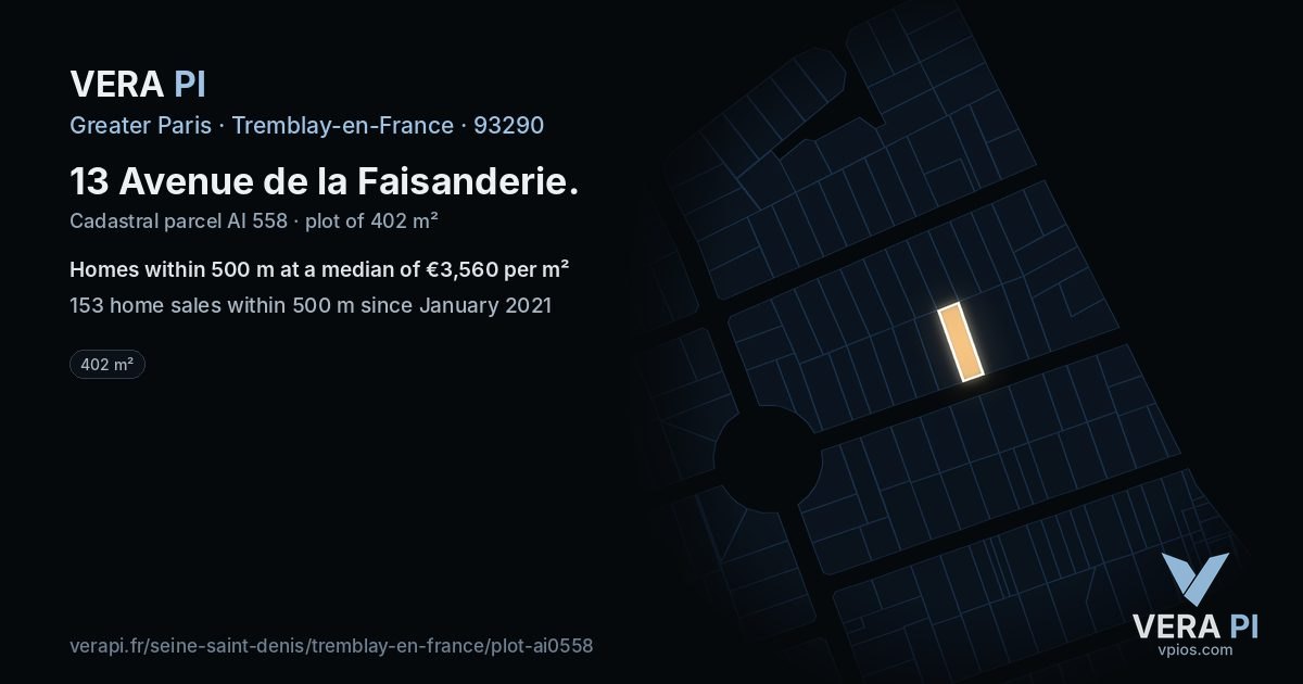 13 Avenue de la Faisanderie, Tremblay-en-France at night – the plot lit, the parcels around coloured by the prices near them