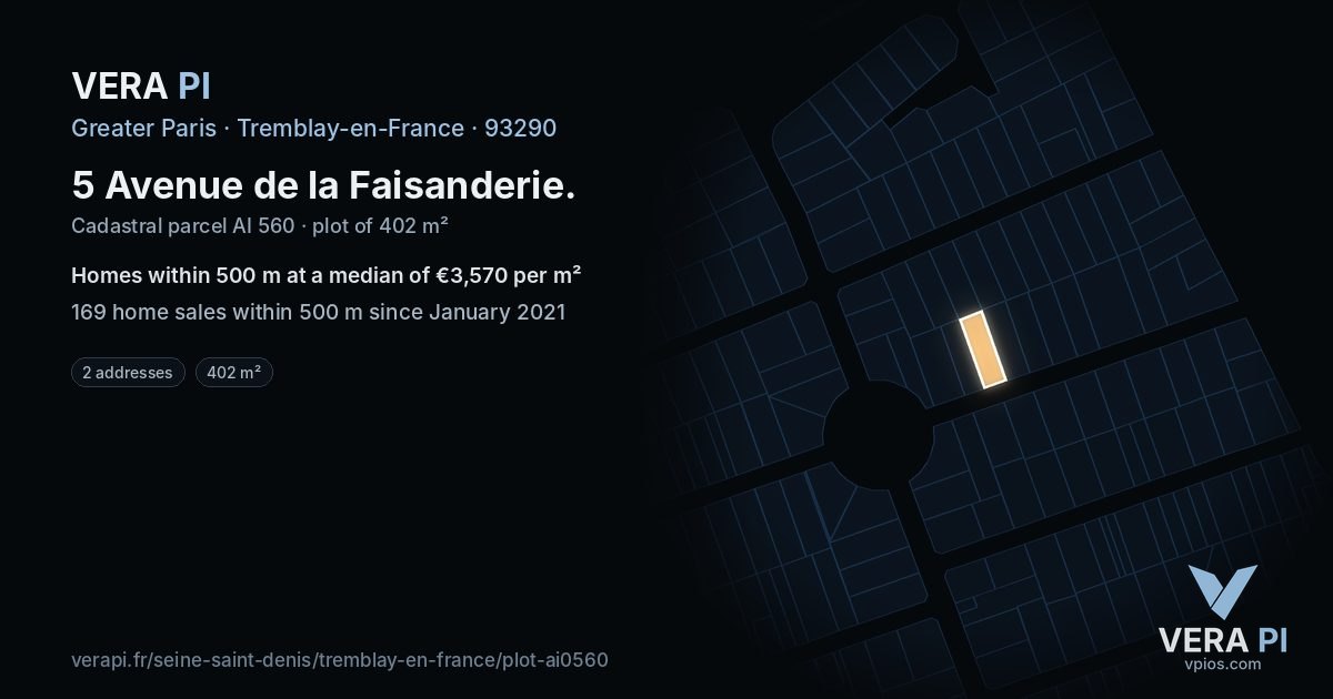 5 Avenue de la Faisanderie, Tremblay-en-France at night – the plot lit, the parcels around coloured by the prices near them