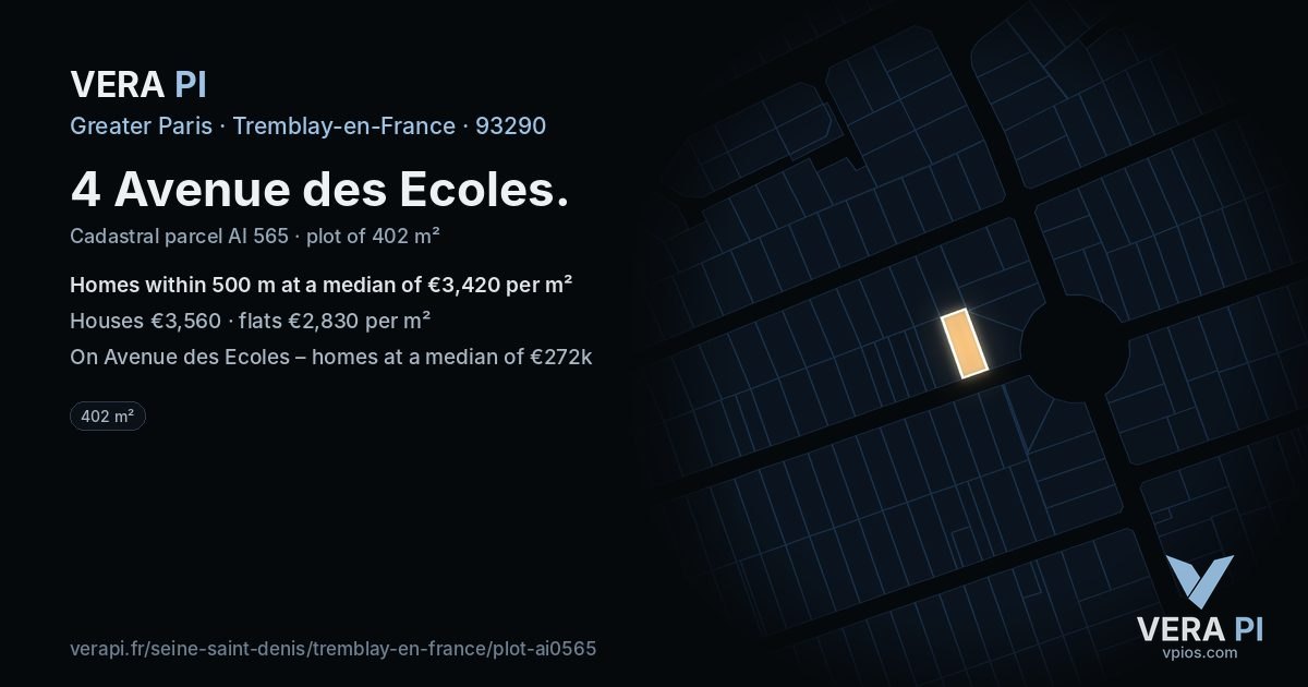 4 Avenue des Ecoles, Tremblay-en-France at night – the plot lit, the parcels around coloured by the prices near them
