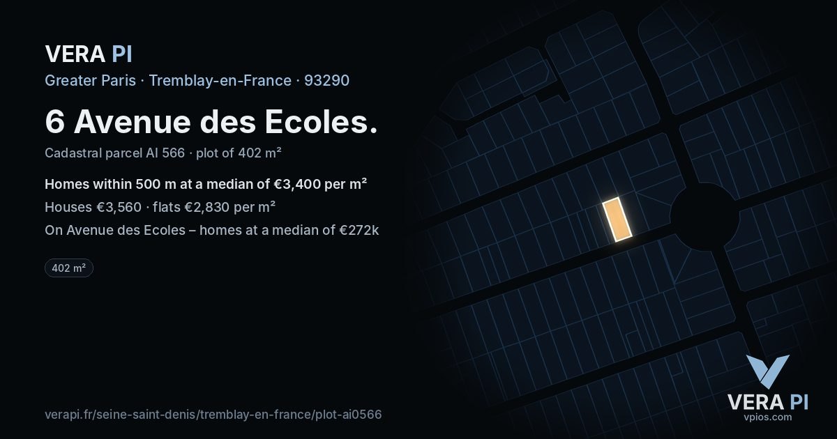 6 Avenue des Ecoles, Tremblay-en-France at night – the plot lit, the parcels around coloured by the prices near them