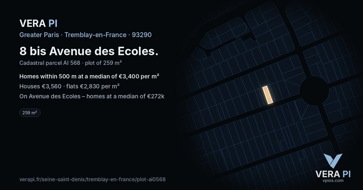 8 bis Avenue des Ecoles, Tremblay-en-France at night – the plot lit, the parcels around coloured by the prices near them